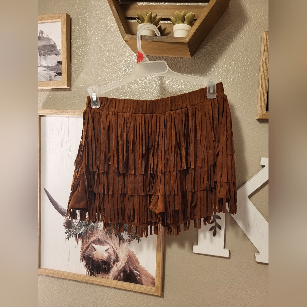 Tassels N Lace Brown Fringe Shorts